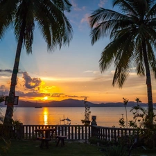 Boats, Palms, west, Beaches, sea, Mountains, sun