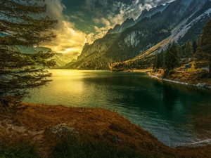 Great Sunsets, Gosau, Salzkammergut Area, trees, Dachstein Mountains, Austria, Gmunden District, viewes, woods, Gosauseen Lake