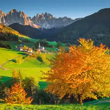 Village of Santa Maddalena, Italy, Mountains, autumn, woods, Church, viewes, Val di Funes Valley, Dolomites, trees, Massif Odle