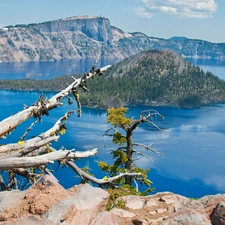 trees, Island, broken, Mountains, lake, viewes, Lod on the beach