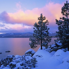 Mountains, winter, trees, viewes, lake