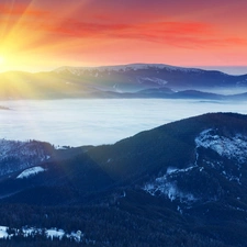 Mountains, winter, sun, rays, west