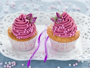 beads, Pink, openwork, Muffins, cream, roses, plate