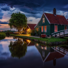 Windmill, Houses, evening, trees, River, Zaanse Schans Open Air Museum, Netherlands, bridge