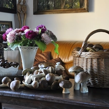 Bouquet of Flowers, basket, mushrooms