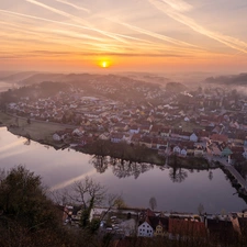 Naab River, Bavaria, Fog, Kallmunz, Germany, Houses, Great Sunsets