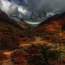 clouds, Argentina, viewes, trees, Mountains, Los Glaciares National Park, Fitz Roy, Mountains, Patagonia, mount, autumn