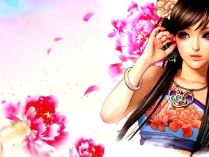 girl, hand, Flowers, Necklace