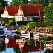 Houses, River, Netherlands, Boats