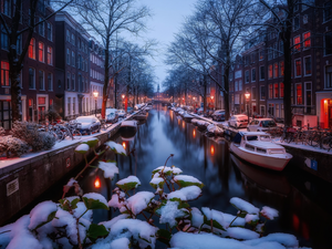 canal, winter, Amsterdam, Netherlands, Houses, snow