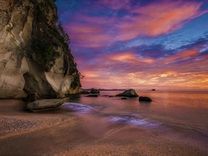 Pacific Ocean, Mercury Bay, Stones, Sunrise, Rocks, North Island, New Zeland, sea