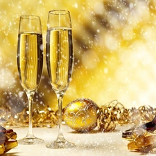 New, year, Champagne, decoration, glasses