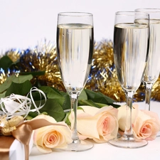 New, year, glasses, Champagne, roses