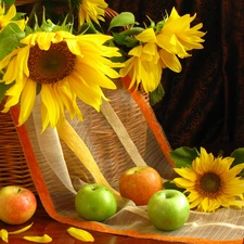 apples, basket, Nice sunflowers