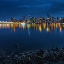 Stanley Park, Gulf, Picture of Town, coast, Night, Vancouver, Canada, Stones