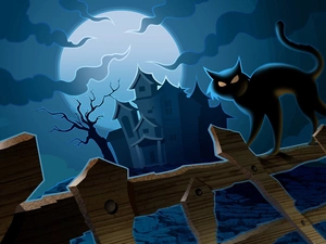 Fance, halloween, moon, Night, house, cat