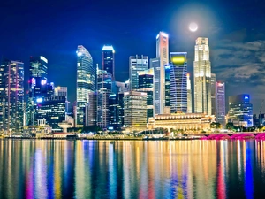moon, skyscrapers, Town, night, Singapur, clouds
