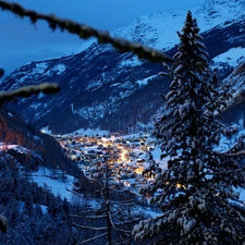 Switzerland, Mountains, Night, Houses, winter, Alps