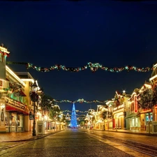 illuminated, Street, Night, Christmas