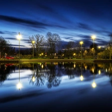 lake, Night, Helsinki, Lamps
