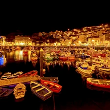 port, Town, night, Yachts