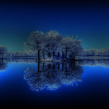 reflection, lake, Night, trees