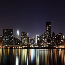 night, reflection, panorama, town, River