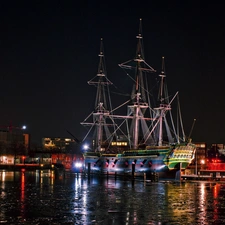 sailing vessel, port, Night, Masts
