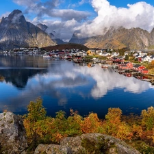 Mountains, Lofoten, Reine Village, autumn, Norwegian Sea Rocks, Norway, Moskenesoya Island, clouds, Bush, Houses