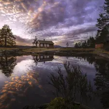 grass, Vaeleren Lake, trees, viewes, Ringerike, Norway, clouds, Great Sunsets, Houses