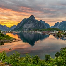 Houses, Lofoten, Reine Village, Great Sunsets, Norwegian Sea, Norway, Moskenesoya Island, clouds, Mountains, Stones