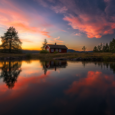 house, viewes, Boat, evening, house, Ringerike, trees, clouds, Norway, Great Sunsets, reflection, Vaeleren Lake