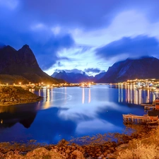 illuminated, Lofoten, trees, Reine Village, viewes, Norwegian Sea, Mountains, Norway, Houses, autumn