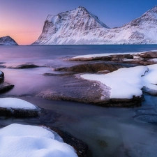 Mountains, sea, rocks, Norway, Snowy, winter