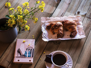 croissants, composition, Flowers, note-book, Yellow, coffee