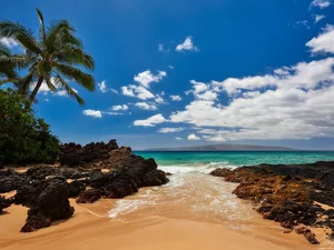 Ocean, Aloha State Hawaje, clouds, rocks, Palms, Maui Island