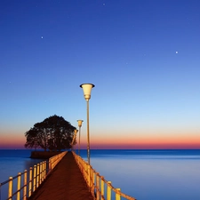 pier, trees, Ocean, Lighthouse