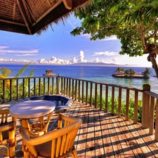 terrace, View, Ocean, trees