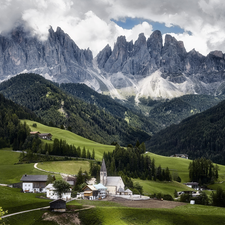 Italy, Val di Funes Valley, Mountains, Dolomites, Church, Village of Santa Maddalena