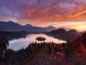 Lake Bled, Blejski Otok Island, Church of the Assumption of the Virgin Mary, Mountains, Great Sunsets, Slovenia, viewes, clouds, trees
