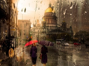 Rain, buildings, Picture of Town, Street