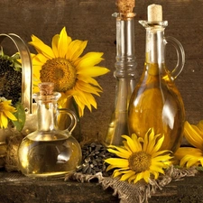 Flowers, Bottles, oil, sunflower