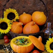 oil, composition, Nice sunflowers, vegetables, pumpkin