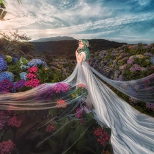 White, Women, green ones, Hair, Dress, hydrangeas