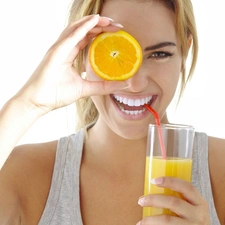 Blonde, juice, Orange, smiling