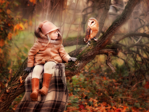 trees, coat, owl, Hat, girl, coverlet, Barn Owl