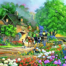 Home, view, painting, Flowers