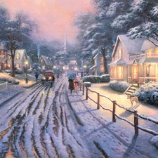 painting, Thomas Kinkade, Street, Town, winter