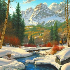 Mountains, view, painting, winter