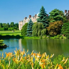 viewes, Flowers, Sandringham, trees, lake, palace, England